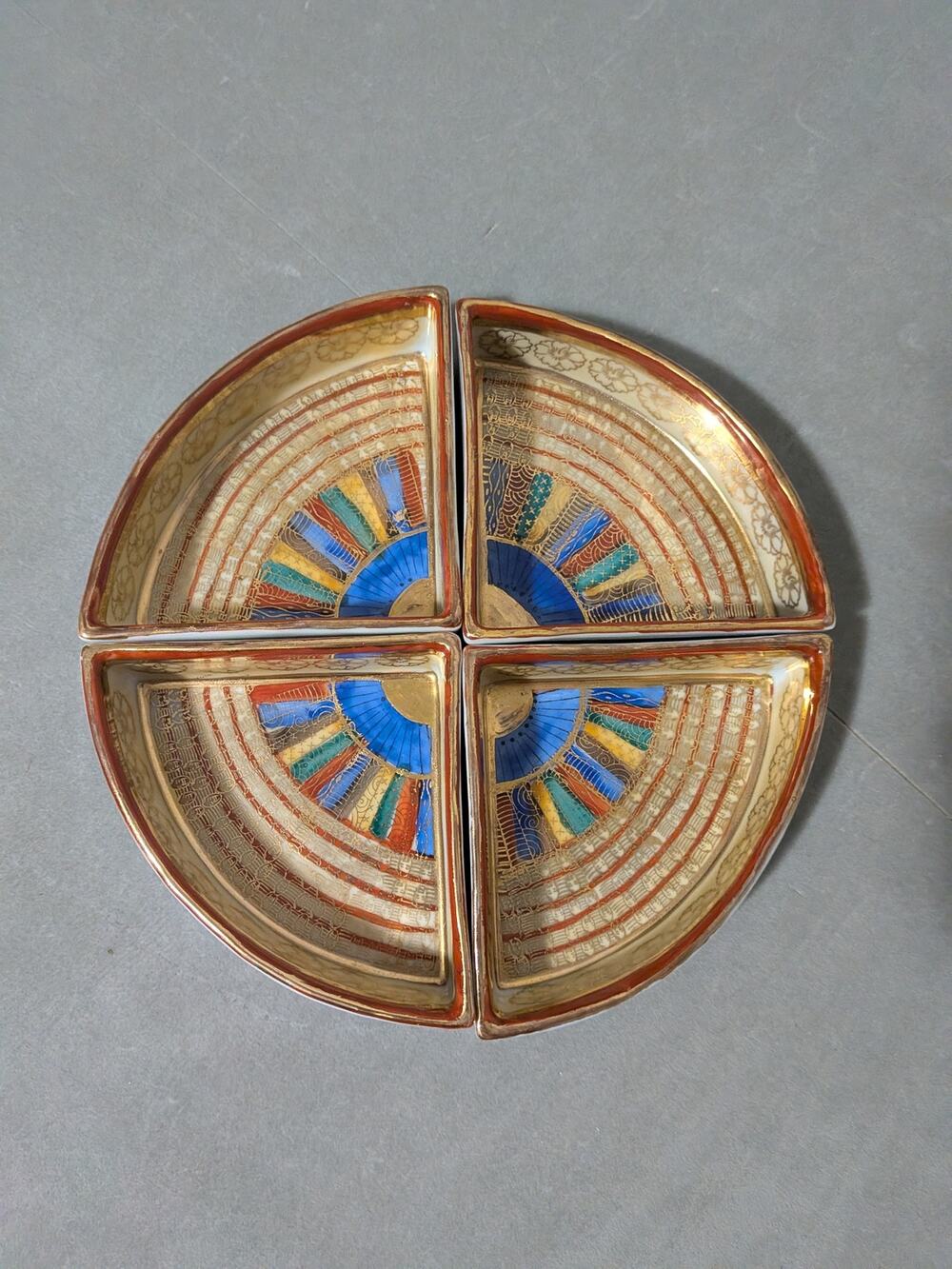 Vintage Japan Thousand Faces Fan Dishes Porcelain Quadrant Serving Set Bento